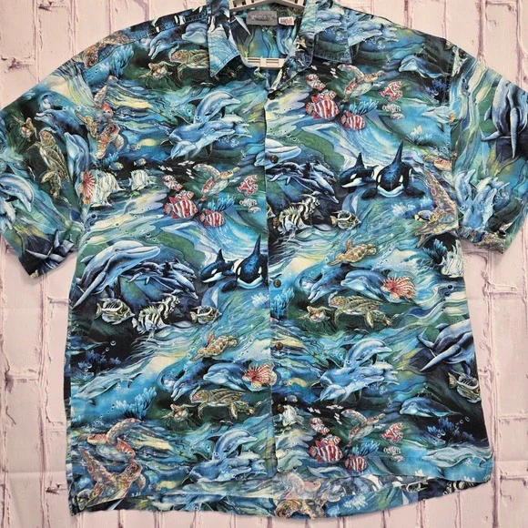 High Seas Trading‎ Co. Ocean Life Dolphin Turtle Orca Fish Hawaiian Shirt XXXL - Picture 3 of 8